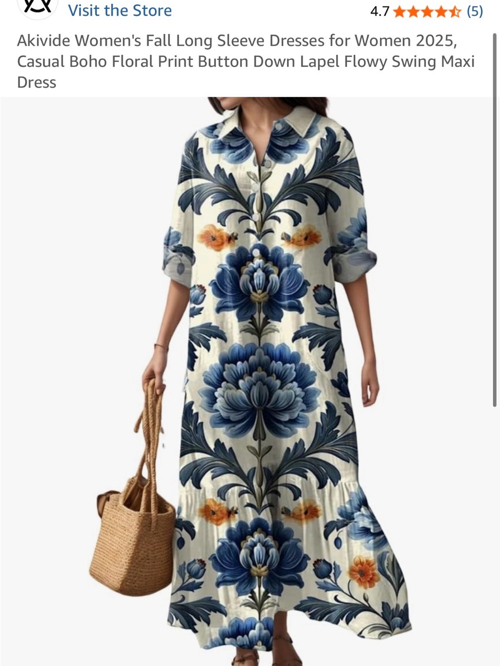 Floral Maxi Shirt Dress in Blue & White